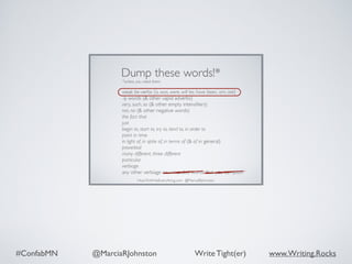 #ConfabMN @MarciaRJohnston Write Tight(er) www.Writing.Rocks
 