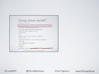#ConfabMN @MarciaRJohnston Write Tight(er) www.Writing.Rocks
 