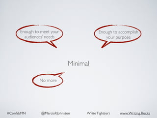 #ConfabMN @MarciaRJohnston Write Tight(er) www.Writing.Rocks
Enough to meet your
audiences’ needs
Enough to accomplish
your purpose
No more
Minimal
 