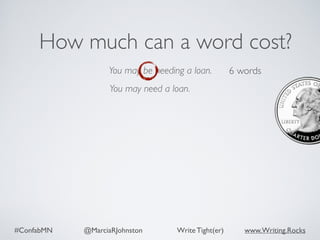 #ConfabMN @MarciaRJohnston Write Tight(er) www.Writing.Rocks
You may be needing a loan.
How much can a word cost?
You may need a loan.
words6
 