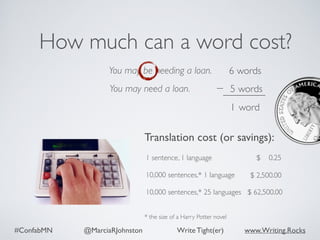 #ConfabMN @MarciaRJohnston Write Tight(er) www.Writing.Rocks
You may be needing a loan.
How much can a word cost?
Translation cost (or savings):
$ 0.25
* the size of a Harry Potter novel
$ 2,500.00
$ 62,500.00
You may need a loan.
words6
5 words
1 word
10,000 sentences,* 25 languages
10,000 sentences,* 1 language
1 sentence, 1 language
 