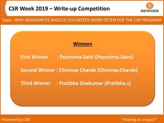 Topic : WHY NEWGENITES SHOULD VOLUNTEER MORE OFTEN FOR THE CSR PROGRAM
CSR Week 2019 – Write-up Competition
Powered by CSR “Making an Impact”
Winners
First Winner : Poornima Saini (Poornima.Saini)
Second Winner : Chinmay Charde (Chinmay.Charde)
Third Winner : Pratibha Sivakumar (Pratibha.s)
 