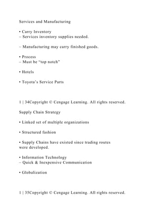 Services and Manufacturing
• Carry Inventory
– Services inventory supplies needed.
– Manufacturing may carry finished goods.
• Process
– Must be “top notch”
• Hotels
• Toyota’s Service Parts
1 | 34Copyright © Cengage Learning. All rights reserved.
Supply Chain Strategy
• Linked set of multiple organizations
• Structured fashion
• Supply Chains have existed since trading routes
were developed.
• Information Technology
– Quick & Inexpensive Communication
• Globalization
1 | 35Copyright © Cengage Learning. All rights reserved.
 