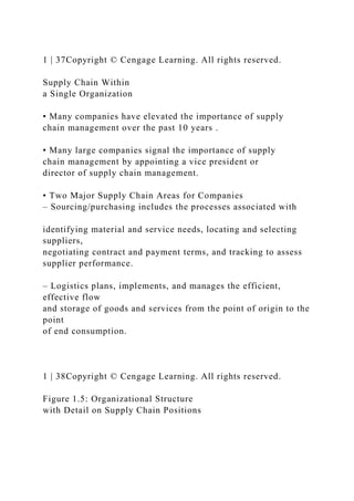 1 | 37Copyright © Cengage Learning. All rights reserved.
Supply Chain Within
a Single Organization
• Many companies have elevated the importance of supply
chain management over the past 10 years .
• Many large companies signal the importance of supply
chain management by appointing a vice president or
director of supply chain management.
• Two Major Supply Chain Areas for Companies
– Sourcing/purchasing includes the processes associated with
identifying material and service needs, locating and selecting
suppliers,
negotiating contract and payment terms, and tracking to assess
supplier performance.
– Logistics plans, implements, and manages the efficient,
effective flow
and storage of goods and services from the point of origin to the
point
of end consumption.
1 | 38Copyright © Cengage Learning. All rights reserved.
Figure 1.5: Organizational Structure
with Detail on Supply Chain Positions
 