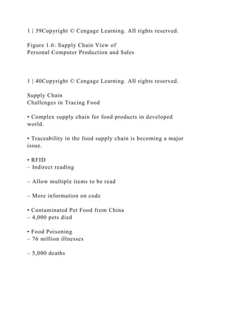 1 | 39Copyright © Cengage Learning. All rights reserved.
Figure 1.6: Supply Chain View of
Personal Computer Production and Sales
1 | 40Copyright © Cengage Learning. All rights reserved.
Supply Chain
Challenges in Tracing Food
• Complex supply chain for food products in developed
world.
• Traceability in the food supply chain is becoming a major
issue.
• RFID
– Indirect reading
– Allow multiple items to be read
– More information on code
• Contaminated Pet Food from China
– 4,000 pets died
• Food Poisoning
– 76 million illnesses
– 5,000 deaths
 