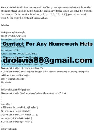 Write a method countUnique that takes a List of integers as a parame.pdf