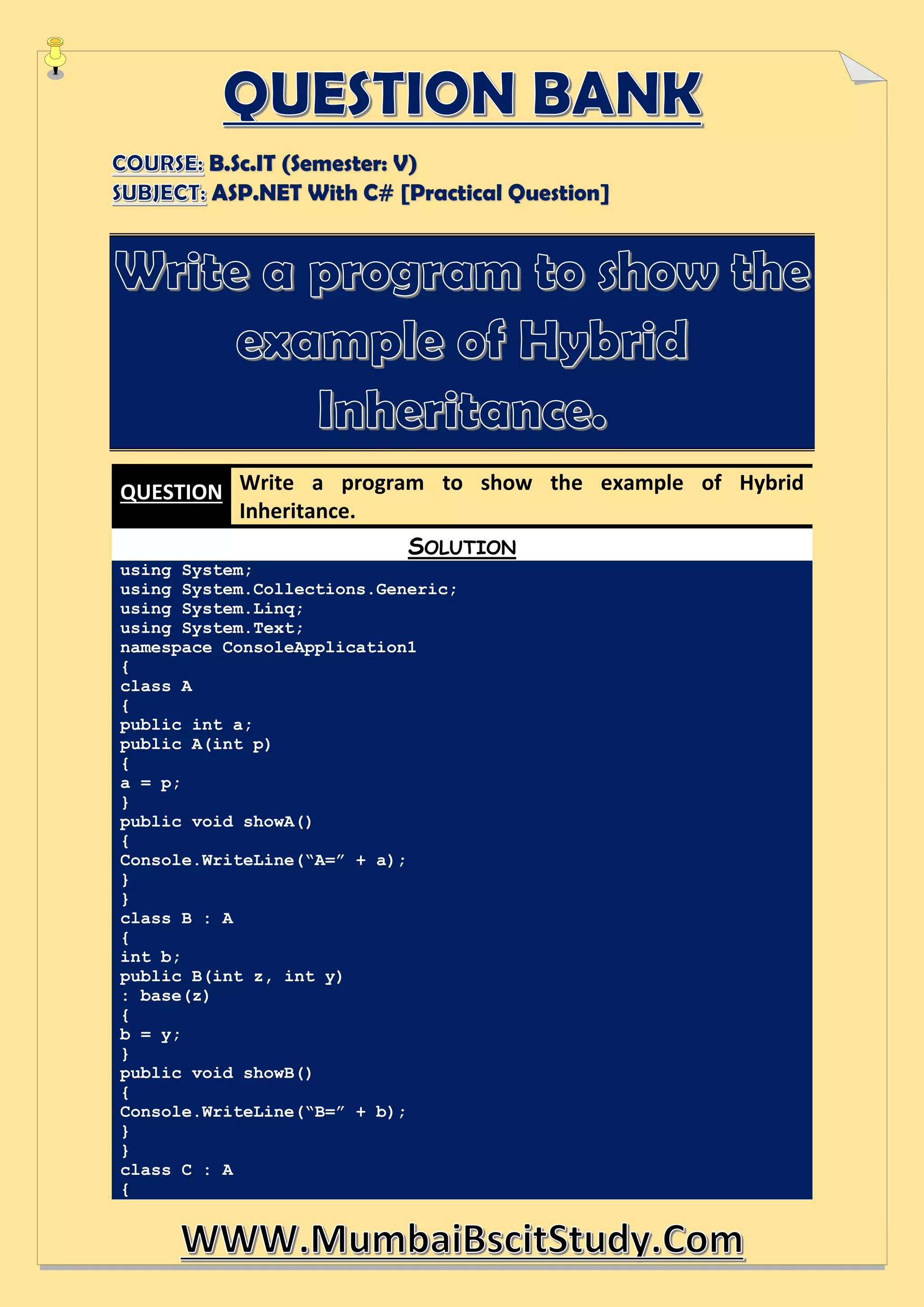 Write a program to show the example of hybrid inheritance. | PDF | Free ...