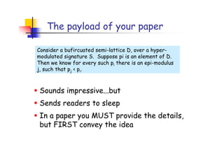The payload of your paper

Consider a bufircuated semi-lattice D, over a hyper-
modulated signature S. Suppose pi is an element of D.
Then we know for every such pi there is an epi-modulus
j, such that pj < pi.



 Sounds impressive...but
 Sends readers to sleep
 In a paper you MUST provide the details,
 but FIRST convey the idea
 