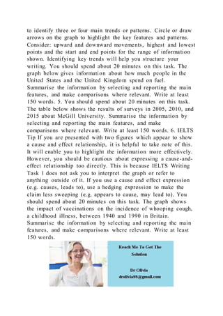 to identify three or four main trends or patterns. Circle or draw
arrows on the graph to highlight the key features and patterns.
Consider: upward and downward movements, highest and lowest
points and the start and end points for the range of information
shown. Identifying key trends will help you structure your
writing. You should spend about 20 minutes on this task. The
graph below gives information about how much people in the
United States and the United Kingdom spend on fuel.
Summarise the information by selecting and reporting the main
features, and make comparisons where relevant. Write at least
150 words. 5. You should spend about 20 minutes on this task.
The table below shows the results of surveys in 2005, 2010, and
2015 about McGill University. Summarise the information by
selecting and reporting the main features, and make
comparisons where relevant. Write at least 150 words. 6. IELTS
Tip If you are presented with two figures which appear to show
a cause and effect relationship, it is helpful to take note of this.
It will enable you to highlight the information more effectively.
However, you should be cautious about expressing a cause-and-
effect relationship too directly. This is because IELTS Writing
Task 1 does not ask you to interpret the graph or refer to
anything outside of it. If you use a cause and effect expression
(e.g. causes, leads to), use a hedging expression to make the
claim less sweeping (e.g. appears to cause, may lead to). You
should spend about 20 minutes on this task. The graph shows
the impact of vaccinations on the incidence of whooping cough,
a childhood illness, between 1940 and 1990 in Britain.
Summarise the information by selecting and reporting the main
features, and make comparisons where relevant. Write at least
150 words.
 