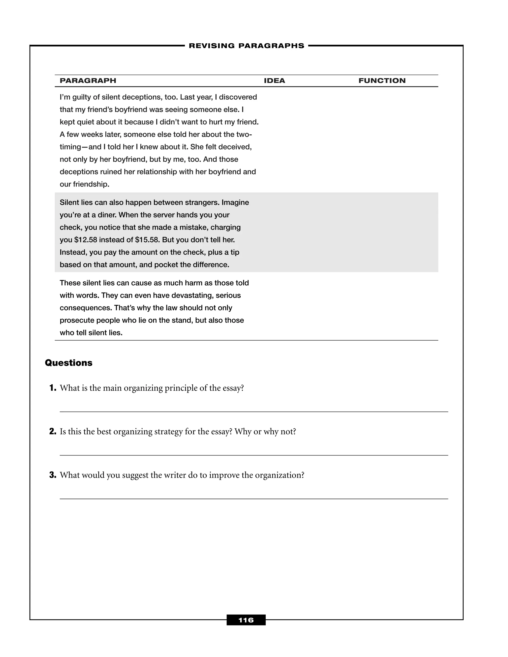 PARAGRAPH IDEA FUNCTION
I’m guilty of silent deceptions, too. Last year, I discovered
that my friend’s boyfriend was seeing someone else. I
kept quiet about it because I didn’t want to hurt my friend.
A few weeks later, someone else told her about the two-
timing—and I told her I knew about it. She felt deceived,
not only by her boyfriend, but by me, too. And those
deceptions ruined her relationship with her boyfriend and
our friendship.
Silent lies can also happen between strangers. Imagine
you’re at a diner. When the server hands you your
check, you notice that she made a mistake, charging
you $12.58 instead of $15.58. But you don’t tell her.
Instead, you pay the amount on the check, plus a tip
based on that amount, and pocket the difference.
These silent lies can cause as much harm as those told
with words. They can even have devastating, serious
consequences. That’s why the law should not only
prosecute people who lie on the stand, but also those
who tell silent lies.
Questions
1. What is the main organizing principle of the essay?
2. Is this the best organizing strategy for the essay? Why or why not?
3. What would you suggest the writer do to improve the organization?
–REVISING PARAGRAPHS–
116
 