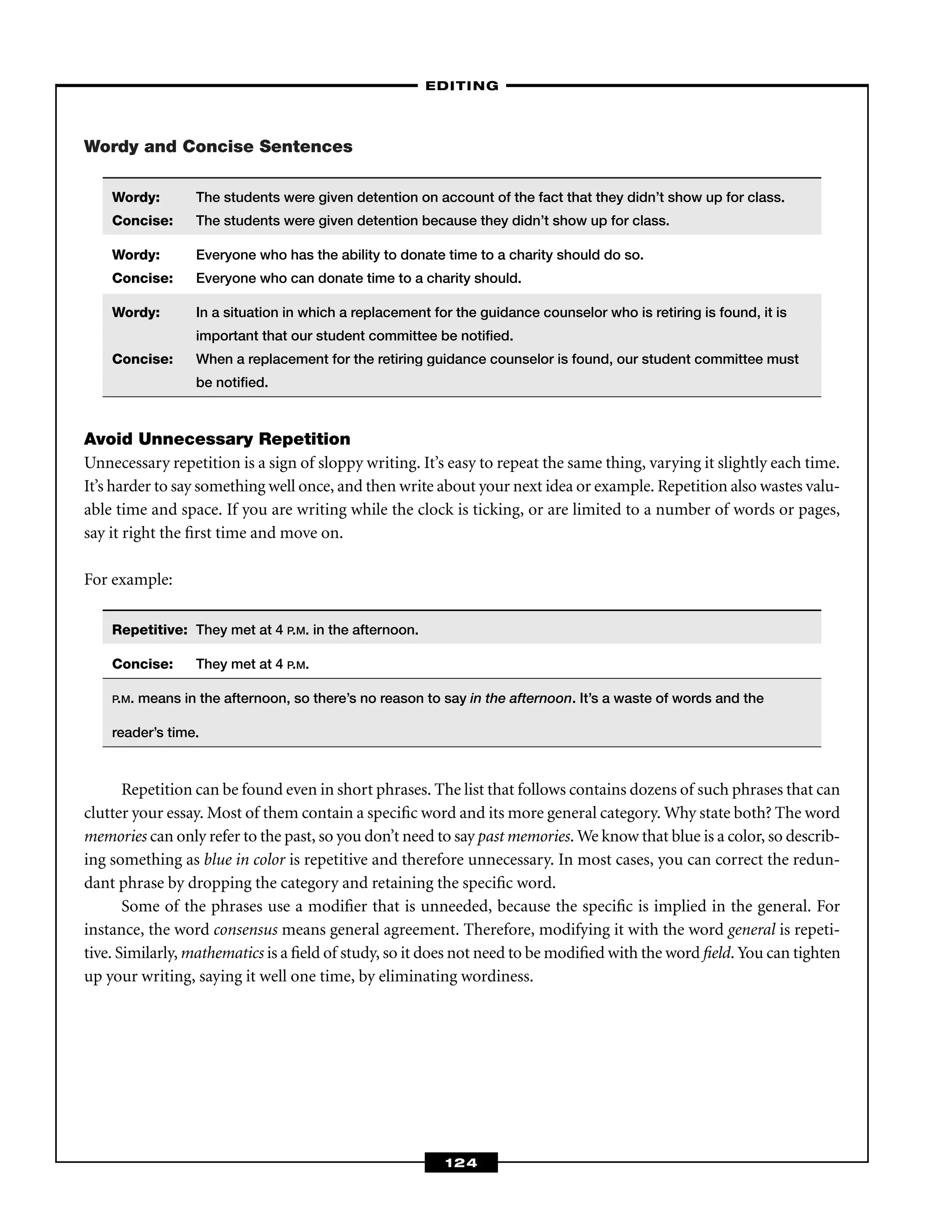 Wordy and Concise Sentences
Wordy: The students were given detention on account of the fact that they didn’t show up for class.
Concise: The students were given detention because they didn’t show up for class.
Wordy: Everyone who has the ability to donate time to a charity should do so.
Concise: Everyone who can donate time to a charity should.
Wordy: In a situation in which a replacement for the guidance counselor who is retiring is found, it is
important that our student committee be notiﬁed.
Concise: When a replacement for the retiring guidance counselor is found, our student committee must
be notiﬁed.
Avoid Unnecessary Repetition
Unnecessary repetition is a sign of sloppy writing. It’s easy to repeat the same thing, varying it slightly each time.
It’s harder to say something well once, and then write about your next idea or example. Repetition also wastes valu-
able time and space. If you are writing while the clock is ticking, or are limited to a number of words or pages,
say it right the ﬁrst time and move on.
For example:
Repetitive: They met at 4 P.M. in the afternoon.
Concise: They met at 4 P.M.
P.M. means in the afternoon, so there’s no reason to say in the afternoon. It’s a waste of words and the
reader’s time.
Repetition can be found even in short phrases. The list that follows contains dozens of such phrases that can
clutter your essay. Most of them contain a speciﬁc word and its more general category. Why state both? The word
memories can only refer to the past, so you don’t need to say past memories. We know that blue is a color, so describ-
ing something as blue in color is repetitive and therefore unnecessary. In most cases, you can correct the redun-
dant phrase by dropping the category and retaining the speciﬁc word.
Some of the phrases use a modiﬁer that is unneeded, because the speciﬁc is implied in the general. For
instance, the word consensus means general agreement. Therefore, modifying it with the word general is repeti-
tive. Similarly, mathematics is a ﬁeld of study, so it does not need to be modiﬁed with the word ﬁeld. You can tighten
up your writing, saying it well one time, by eliminating wordiness.
–EDITING–
124
 