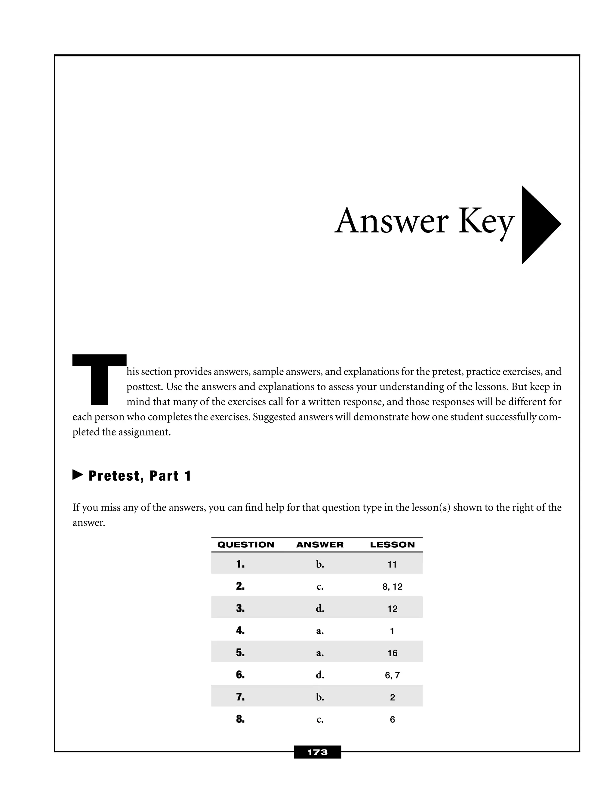 This section provides answers, sample answers, and explanations for the pretest, practice exercises, and
posttest. Use the answers and explanations to assess your understanding of the lessons. But keep in
mind that many of the exercises call for a written response, and those responses will be different for
each person who completes the exercises. Suggested answers will demonstrate how one student successfully com-
pleted the assignment.
Pretest, Part 1
If you miss any of the answers, you can ﬁnd help for that question type in the lesson(s) shown to the right of the
answer.
Answer Key
173
QUESTION ANSWER LESSON
1. b. 11
2. c. 8, 12
3. d. 12
4. a. 1
5. a. 16
6. d. 6, 7
7. b. 2
8. c. 6
 