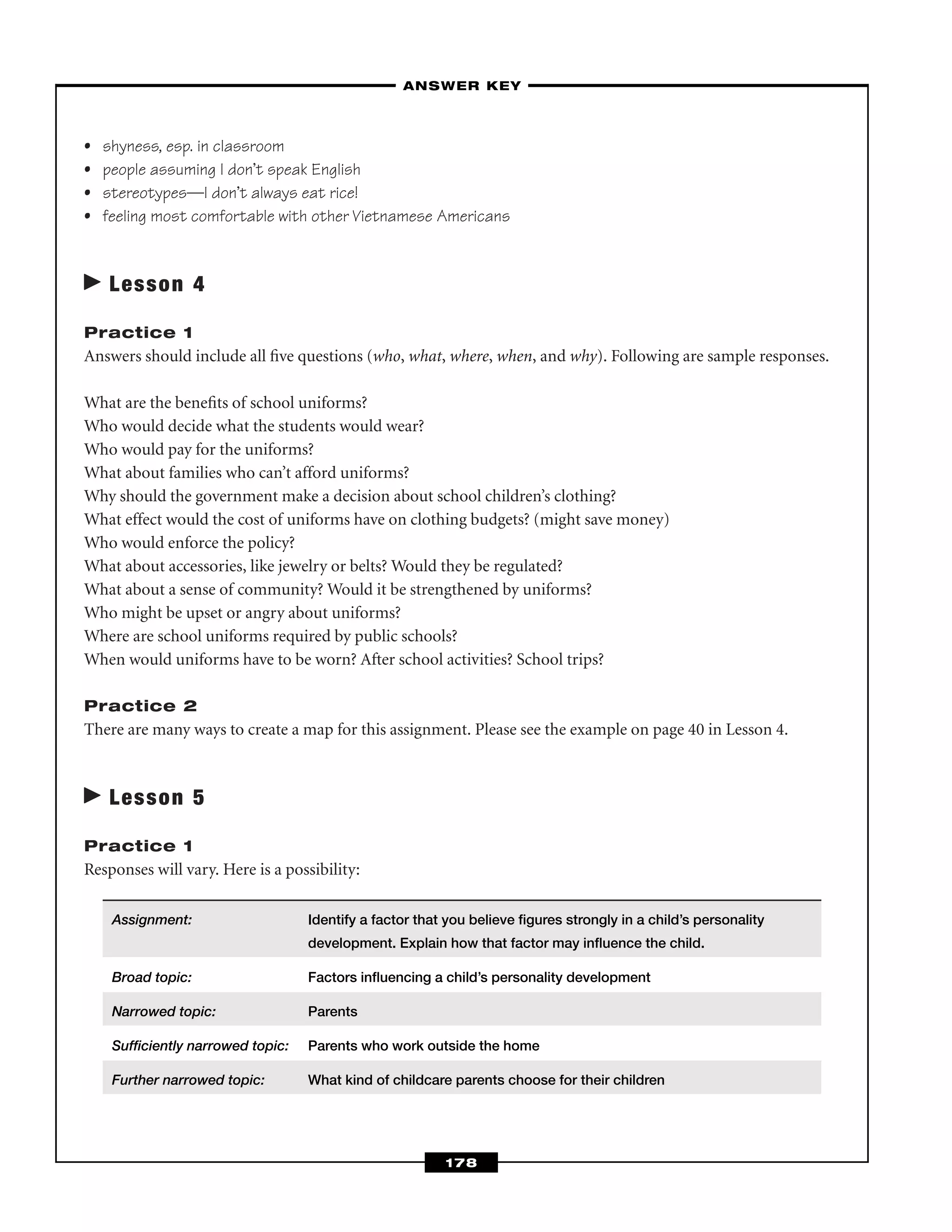 • shyness, esp. in classroom
• people assuming I don’t speak English
• stereotypes—I don’t always eat rice!
• feeling most comfortable with other Vietnamese Americans
Lesson 4
Practice 1
Answers should include all ﬁve questions (who, what, where, when, and why). Following are sample responses.
What are the beneﬁts of school uniforms?
Who would decide what the students would wear?
Who would pay for the uniforms?
What about families who can’t afford uniforms?
Why should the government make a decision about school children’s clothing?
What effect would the cost of uniforms have on clothing budgets? (might save money)
Who would enforce the policy?
What about accessories, like jewelry or belts? Would they be regulated?
What about a sense of community? Would it be strengthened by uniforms?
Who might be upset or angry about uniforms?
Where are school uniforms required by public schools?
When would uniforms have to be worn? After school activities? School trips?
Practice 2
There are many ways to create a map for this assignment. Please see the example on page 40 in Lesson 4.
Lesson 5
Practice 1
Responses will vary. Here is a possibility:
Assignment: Identify a factor that you believe ﬁgures strongly in a child’s personality
development. Explain how that factor may inﬂuence the child.
Broad topic: Factors inﬂuencing a child’s personality development
Narrowed topic: Parents
Sufﬁciently narrowed topic: Parents who work outside the home
Further narrowed topic: What kind of childcare parents choose for their children
–ANSWER KEY–
178
 