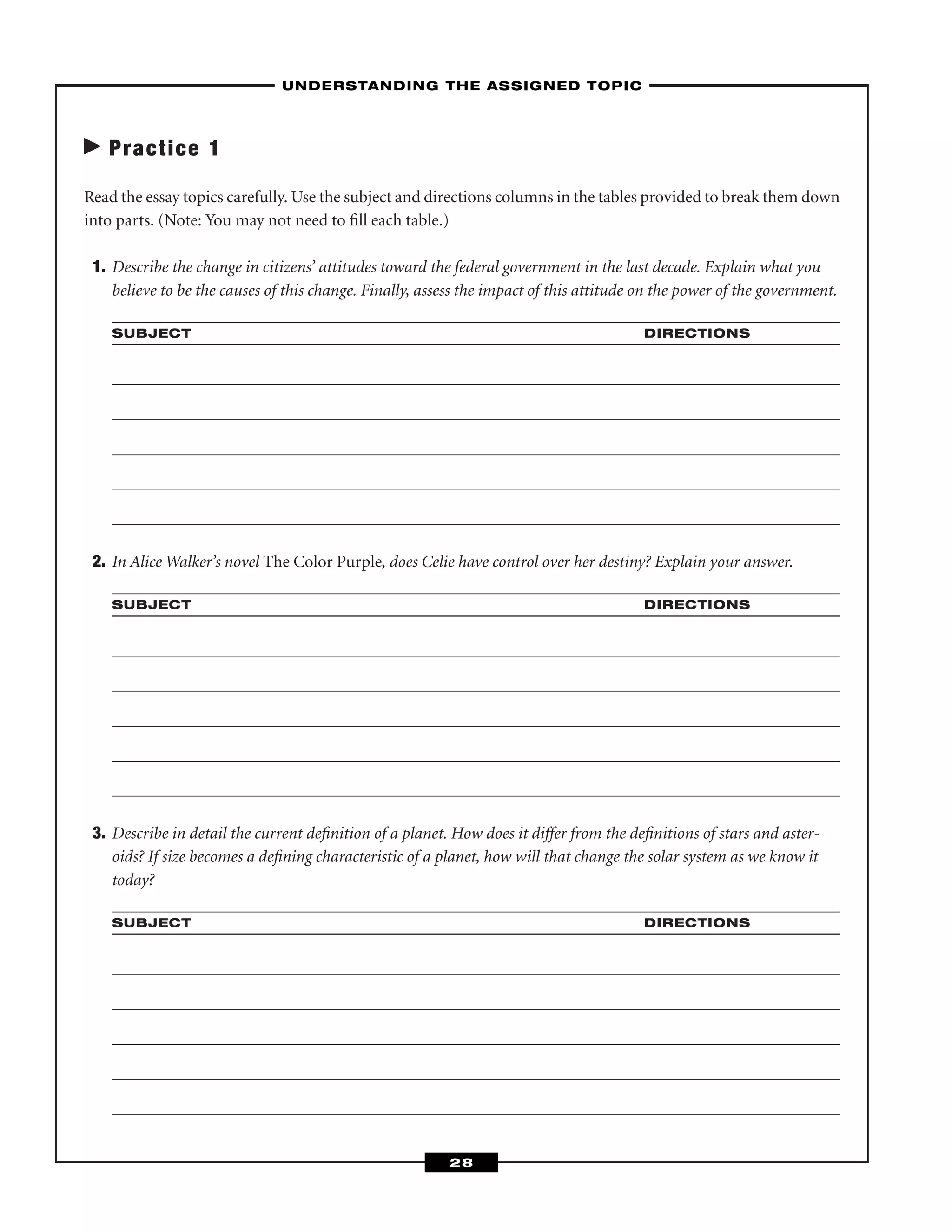 Practice 1
Read the essay topics carefully. Use the subject and directions columns in the tables provided to break them down
into parts. (Note: You may not need to ﬁll each table.)
1. Describe the change in citizens’ attitudes toward the federal government in the last decade. Explain what you
believe to be the causes of this change. Finally, assess the impact of this attitude on the power of the government.
SUBJECT DIRECTIONS
2. In Alice Walker’s novel The Color Purple, does Celie have control over her destiny? Explain your answer.
SUBJECT DIRECTIONS
3. Describe in detail the current deﬁnition of a planet. How does it differ from the deﬁnitions of stars and aster-
oids? If size becomes a deﬁning characteristic of a planet, how will that change the solar system as we know it
today?
SUBJECT DIRECTIONS
–UNDERSTANDING THE ASSIGNED TOPIC–
28
 