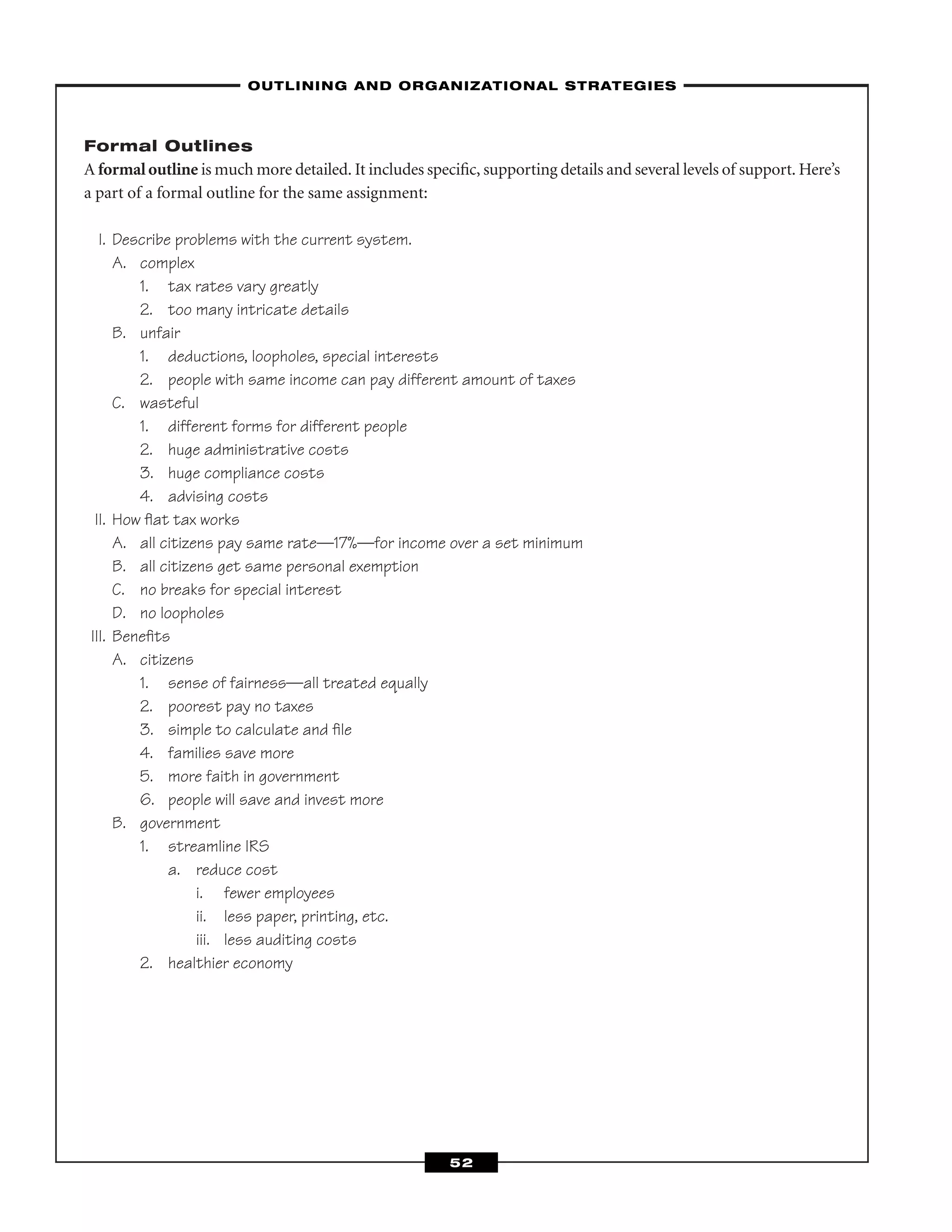 Formal Outlines
A formaloutline is much more detailed. It includes speciﬁc, supporting details and several levels of support. Here’s
a part of a formal outline for the same assignment:
I. Describe problems with the current system.
A. complex
1. tax rates vary greatly
2. too many intricate details
B. unfair
1. deductions, loopholes, special interests
2. people with same income can pay different amount of taxes
C. wasteful
1. different forms for different people
2. huge administrative costs
3. huge compliance costs
4. advising costs
II. How ﬂat tax works
A. all citizens pay same rate—17%—for income over a set minimum
B. all citizens get same personal exemption
C. no breaks for special interest
D. no loopholes
III. Beneﬁts
A. citizens
1. sense of fairness—all treated equally
2. poorest pay no taxes
3. simple to calculate and ﬁle
4. families save more
5. more faith in government
6. people will save and invest more
B. government
1. streamline IRS
a. reduce cost
i. fewer employees
ii. less paper, printing, etc.
iii. less auditing costs
2. healthier economy
–OUTLINING AND ORGANIZATIONAL STRATEGIES–
52
 
