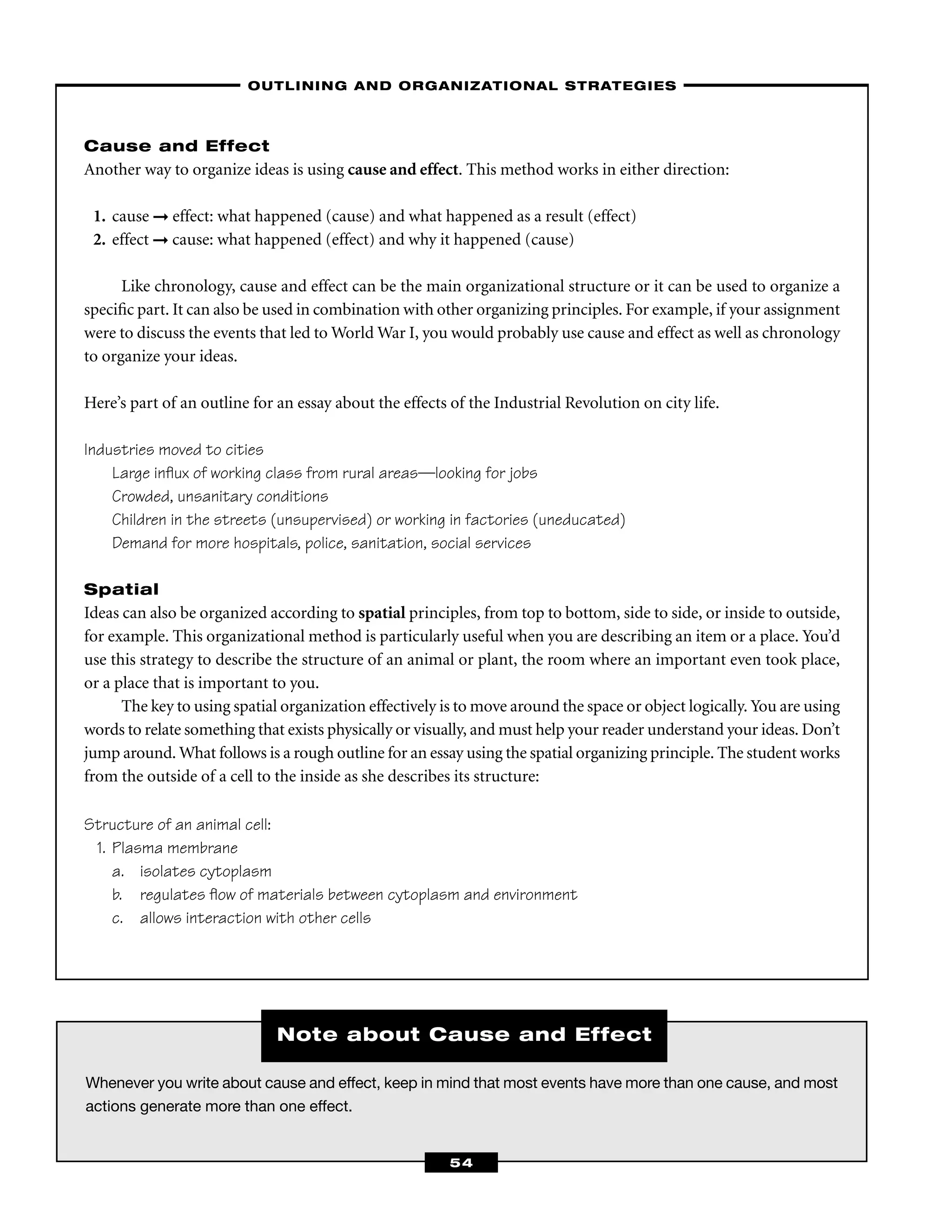 Whenever you write about cause and effect, keep in mind that most events have more than one cause, and most
actions generate more than one effect.
Cause and Effect
Another way to organize ideas is using cause and effect. This method works in either direction:
1. cause ➞ effect: what happened (cause) and what happened as a result (effect)
2. effect ➞ cause: what happened (effect) and why it happened (cause)
Like chronology, cause and effect can be the main organizational structure or it can be used to organize a
speciﬁc part. It can also be used in combination with other organizing principles. For example, if your assignment
were to discuss the events that led to World War I, you would probably use cause and effect as well as chronology
to organize your ideas.
Here’s part of an outline for an essay about the effects of the Industrial Revolution on city life.
Industries moved to cities
Large inﬂux of working class from rural areas—looking for jobs
Crowded, unsanitary conditions
Children in the streets (unsupervised) or working in factories (uneducated)
Demand for more hospitals, police, sanitation, social services
Spatial
Ideas can also be organized according to spatial principles, from top to bottom, side to side, or inside to outside,
for example. This organizational method is particularly useful when you are describing an item or a place. You’d
use this strategy to describe the structure of an animal or plant, the room where an important even took place,
or a place that is important to you.
The key to using spatial organization effectively is to move around the space or object logically. You are using
words to relate something that exists physically or visually, and must help your reader understand your ideas. Don’t
jump around. What follows is a rough outline for an essay using the spatial organizing principle. The student works
from the outside of a cell to the inside as she describes its structure:
Structure of an animal cell:
1. Plasma membrane
a. isolates cytoplasm
b. regulates ﬂow of materials between cytoplasm and environment
c. allows interaction with other cells
–OUTLINING AND ORGANIZATIONAL STRATEGIES–
54
Note about Cause and Effect
 