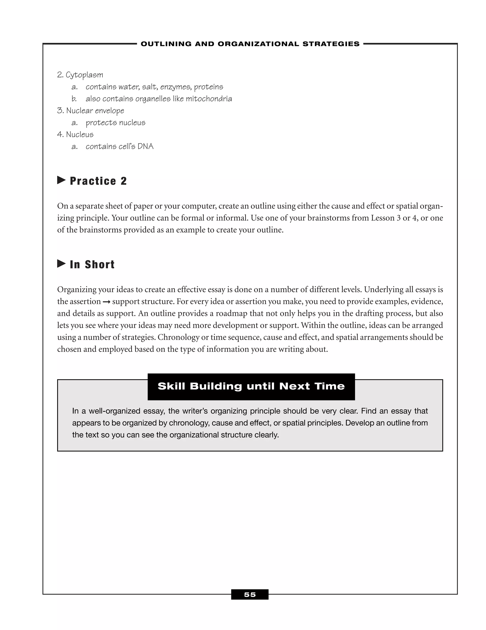 2. Cytoplasm
a. contains water, salt, enzymes, proteins
b. also contains organelles like mitochondria
3. Nuclear envelope
a. protects nucleus
4. Nucleus
a. contains cell’s DNA
Practice 2
On a separate sheet of paper or your computer, create an outline using either the cause and effect or spatial organ-
izing principle. Your outline can be formal or informal. Use one of your brainstorms from Lesson 3 or 4, or one
of the brainstorms provided as an example to create your outline.
In Short
Organizing your ideas to create an effective essay is done on a number of different levels. Underlying all essays is
the assertion ➞ support structure. For every idea or assertion you make, you need to provide examples, evidence,
and details as support. An outline provides a roadmap that not only helps you in the drafting process, but also
lets you see where your ideas may need more development or support. Within the outline, ideas can be arranged
using a number of strategies. Chronology or time sequence, cause and effect, and spatial arrangements should be
chosen and employed based on the type of information you are writing about.
–OUTLINING AND ORGANIZATIONAL STRATEGIES–
55
In a well-organized essay, the writer’s organizing principle should be very clear. Find an essay that
appears to be organized by chronology, cause and effect, or spatial principles. Develop an outline from
the text so you can see the organizational structure clearly.
Skill Building until Next Time
 