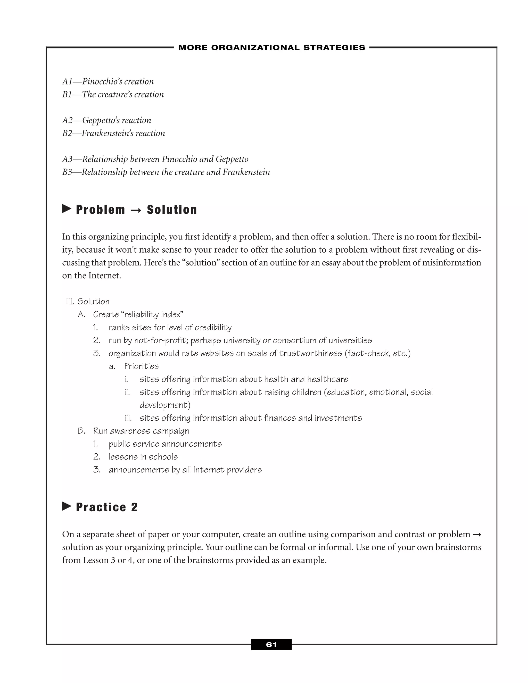 A1—Pinocchio’s creation
B1—The creature’s creation
A2—Geppetto’s reaction
B2—Frankenstein’s reaction
A3—Relationship between Pinocchio and Geppetto
B3—Relationship between the creature and Frankenstein
Problem ➞ Solution
In this organizing principle, you ﬁrst identify a problem, and then offer a solution. There is no room for ﬂexibil-
ity, because it won’t make sense to your reader to offer the solution to a problem without ﬁrst revealing or dis-
cussing that problem. Here’s the “solution”section of an outline for an essay about the problem of misinformation
on the Internet.
III. Solution
A. Create “reliability index”
1. ranks sites for level of credibility
2. run by not-for-proﬁt; perhaps university or consortium of universities
3. organization would rate websites on scale of trustworthiness (fact-check, etc.)
a. Priorities
i. sites offering information about health and healthcare
ii. sites offering information about raising children (education, emotional, social
development)
iii. sites offering information about ﬁnances and investments
B. Run awareness campaign
1. public service announcements
2. lessons in schools
3. announcements by all Internet providers
Practice 2
On a separate sheet of paper or your computer, create an outline using comparison and contrast or problem ➞
solution as your organizing principle. Your outline can be formal or informal. Use one of your own brainstorms
from Lesson 3 or 4, or one of the brainstorms provided as an example.
–MORE ORGANIZATIONAL STRATEGIES–
61
 