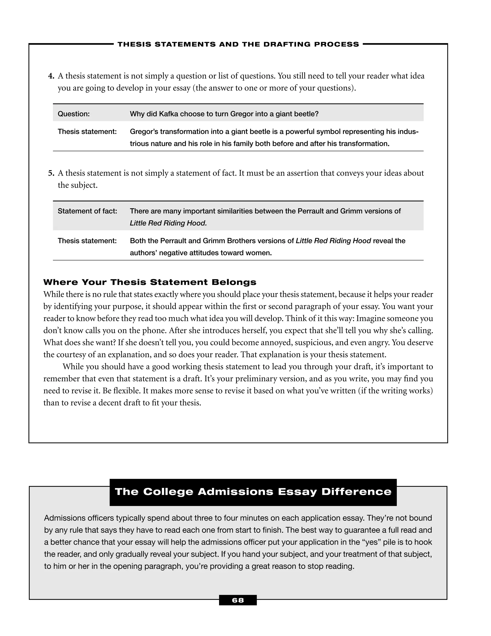 Admissions ofﬁcers typically spend about three to four minutes on each application essay. They’re not bound
by any rule that says they have to read each one from start to ﬁnish. The best way to guarantee a full read and
a better chance that your essay will help the admissions ofﬁcer put your application in the “yes” pile is to hook
the reader, and only gradually reveal your subject. If you hand your subject, and your treatment of that subject,
to him or her in the opening paragraph, you’re providing a great reason to stop reading.
4. A thesis statement is not simply a question or list of questions. You still need to tell your reader what idea
you are going to develop in your essay (the answer to one or more of your questions).
Question: Why did Kafka choose to turn Gregor into a giant beetle?
Thesis statement: Gregor’s transformation into a giant beetle is a powerful symbol representing his indus-
trious nature and his role in his family both before and after his transformation.
5. A thesis statement is not simply a statement of fact. It must be an assertion that conveys your ideas about
the subject.
Statement of fact: There are many important similarities between the Perrault and Grimm versions of
Little Red Riding Hood.
Thesis statement: Both the Perrault and Grimm Brothers versions of Little Red Riding Hood reveal the
authors’ negative attitudes toward women.
Where Your Thesis Statement Belongs
While there is no rule that states exactly where you should place your thesis statement, because it helps your reader
by identifying your purpose, it should appear within the ﬁrst or second paragraph of your essay. You want your
reader to know before they read too much what idea you will develop. Think of it this way: Imagine someone you
don’t know calls you on the phone. After she introduces herself, you expect that she’ll tell you why she’s calling.
What does she want? If she doesn’t tell you, you could become annoyed, suspicious, and even angry. You deserve
the courtesy of an explanation, and so does your reader. That explanation is your thesis statement.
While you should have a good working thesis statement to lead you through your draft, it’s important to
remember that even that statement is a draft. It’s your preliminary version, and as you write, you may ﬁnd you
need to revise it. Be ﬂexible. It makes more sense to revise it based on what you’ve written (if the writing works)
than to revise a decent draft to ﬁt your thesis.
–THESIS STATEMENTS AND THE DRAFTING PROCESS–
68
The College Admissions Essay Difference
 