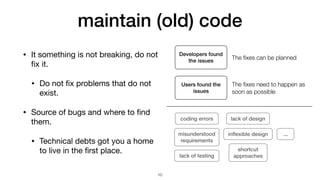 maintain (old) code
• It something is not breaking, do not
fi
x it.

• Do not
fi
x problems that do not
exist.

• Source of bugs and where to
fi
nd
them.

• Technical debts got you a home
to live in the
fi
rst place.
10
Developers found
the issues
The
fi
xes can be planned
Users found the
issues
The
fi
xes need to happen as
soon as possible
coding errors
in
fl
exible design
misunderstood
requirements
lack of design
shortcut
approaches
lack of testing
...
 