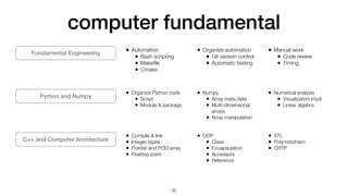 computer fundamental
30
Fundamental Engineering
Python and Numpy
C++ and Computer Architecture
• Automation


• Bash scripting


• Make
fi
le


• Cmake


• Organize automation


• Git version control


• Automatic testing


• Manual work


• Code review


• Timing
• Organize Python code


• Script


• Module & package


• Numpy


• Array meta data


• Multi-dimensional
arrays


• Array manipulation


• Numerical analysis


• Visualization (mpl)


• Linear algebra
• Compile & link


• Integer types


• Pointer and POD array


• Floating-point


• OOP


• Class


• Encapsulation


• Accessors


• Reference


• STL


• Polymorphism


• CRTP
 