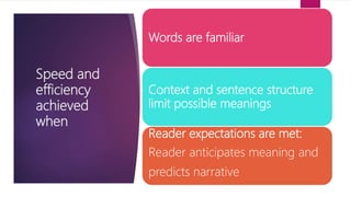 Speed and
efficiency
achieved
when
Words are familiar
Context and sentence structure
limit possible meanings
Reader expectations are met:
Reader anticipates meaning and
predicts narrative
 