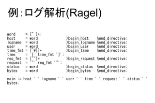 例：ログ解析(Ragel)
word       =   [^ ]+;
host       =   word                >begin_host      %end_directive;
logname    =   word                >begin_logname   %end_directive;
user       =   word                >begin_user      %end_directive;
time_fmt   =   [^]]+              >begin_time      %end_directive;
time       =   '[' time_fmt ']';
req_fmt    =   [^"]+               >begin_request %end_directive;
request    =   '"' req_fmt '"';
status     =   word                >begin_status    %end_directive;
bytes      =   word                >begin_bytes     %end_directive;

main := host ' ' logname ' ' user ' ' time ' ' request ' ' status ' '
bytes;
 