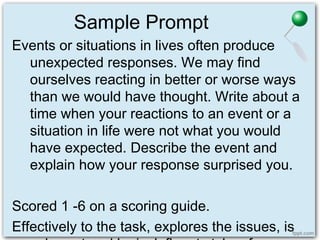 Sample Prompt
Events or situations in lives often produce
unexpected responses. We may find
ourselves reacting in better or worse ways
than we would have thought. Write about a
time when your reactions to an event or a
situation in life were not what you would
have expected. Describe the event and
explain how your response surprised you.
Scored 1 -6 on a scoring guide.
Effectively to the task, explores the issues, is
 