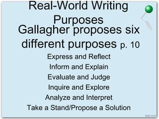 Real-World Writing
Purposes
Gallagher proposes six
different purposes p. 10
Express and Reflect
Inform and Explain
Evaluate and Judge
Inquire and Explore
Analyze and Interpret
Take a Stand/Propose a Solution
 