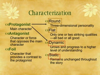 Characterization <ul><li>Protagonist </li></ul><ul><ul><li>Main character </li></ul></ul><ul><li>Antagonist </li></ul><ul>...