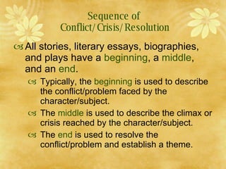 Sequence of  Conflict/Crisis/Resolution <ul><li>All stories, literary essays, biographies, and plays have a  beginning , a...