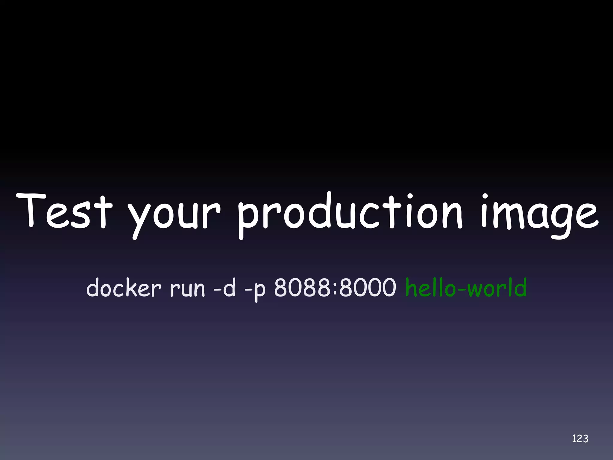 Test your production image docker run -d -p 8088:8000 hello-world 123 