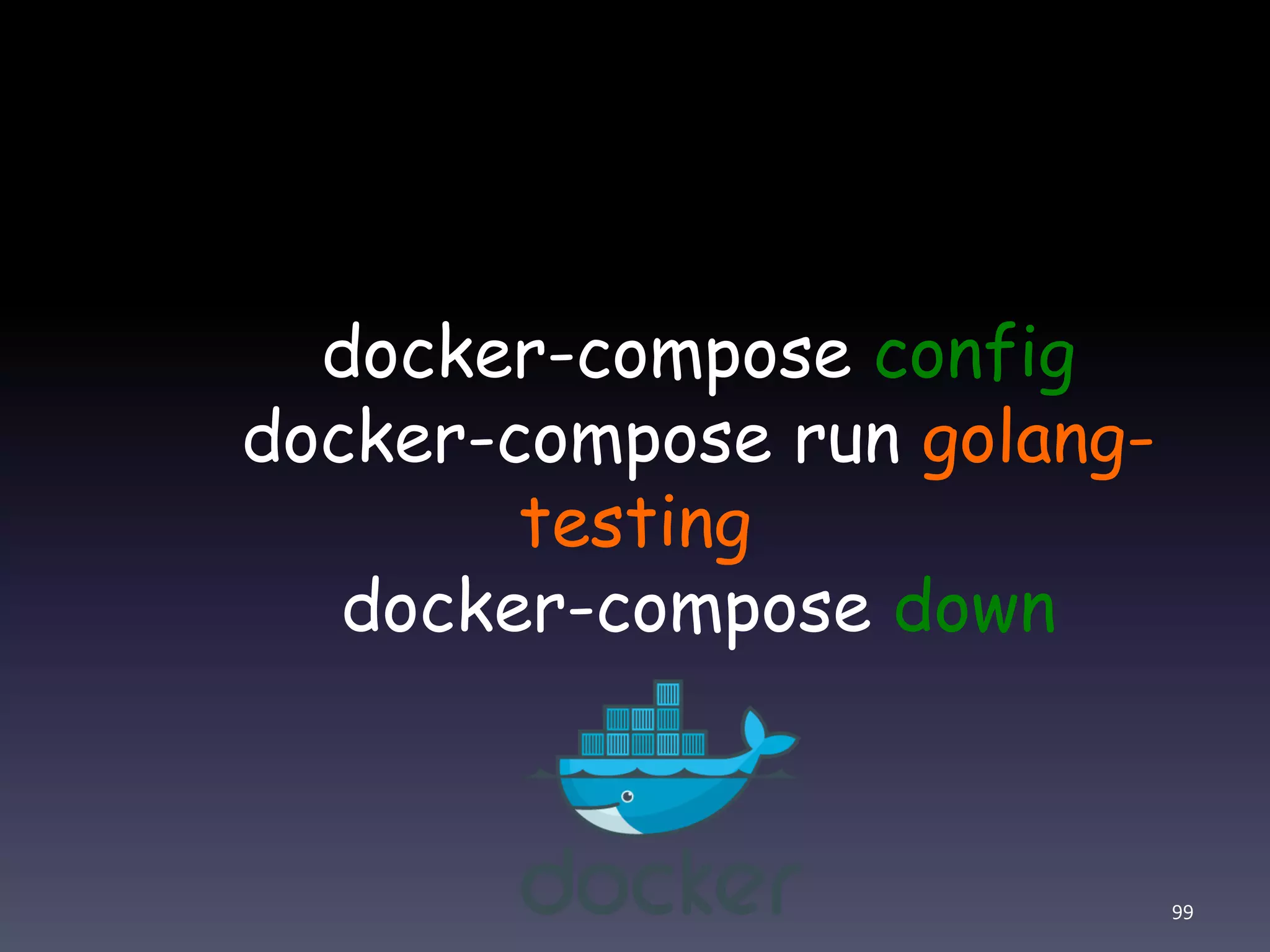 docker-compose config docker-compose run golang- testing docker-compose down 99 