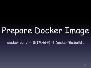 Prepare Docker Image
docker build -t $(IMAGE) -f Dockerfile.build .
116
 