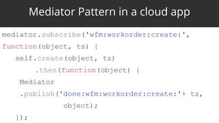 mediator.subscribe('wfm:workorder:create:',
function(object, ts) {
self.create(object, ts)
.then(function(object) {
Mediator
.publish('done:wfm:workorder:create:'+ ts,
object);
});
Mediator Pattern in a cloud app
 
