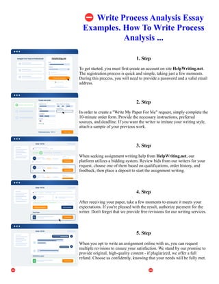 ⛔Write Process Analysis Essay
Examples. How To Write Process
Analysis ...
1. Step
To get started, you must first create an account on site HelpWriting.net.
The registration process is quick and simple, taking just a few moments.
During this process, you will need to provide a password and a valid email
address.
2. Step
In order to create a "Write My Paper For Me" request, simply complete the
10-minute order form. Provide the necessary instructions, preferred
sources, and deadline. If you want the writer to imitate your writing style,
attach a sample of your previous work.
3. Step
When seeking assignment writing help from HelpWriting.net, our
platform utilizes a bidding system. Review bids from our writers for your
request, choose one of them based on qualifications, order history, and
feedback, then place a deposit to start the assignment writing.
4. Step
After receiving your paper, take a few moments to ensure it meets your
expectations. If you're pleased with the result, authorize payment for the
writer. Don't forget that we provide free revisions for our writing services.
5. Step
When you opt to write an assignment online with us, you can request
multiple revisions to ensure your satisfaction. We stand by our promise to
provide original, high-quality content - if plagiarized, we offer a full
refund. Choose us confidently, knowing that your needs will be fully met.
⛔Write Process Analysis Essay Examples. How To Write Process Analysis ... ⛔Write Process Analysis Essay
Examples. How To Write Process Analysis ...
 