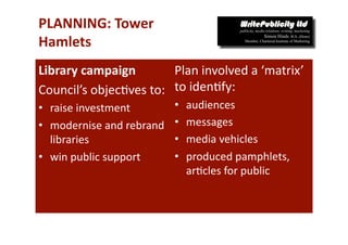 PLANNING: Tower 
Hamlets 
Library campaign          Plan involved a ‘matrix’ 
Council’s objec-ves to:   to iden-fy: 
•  raise investment         •    audiences 
•  modernise and rebrand    •    messages 
   libraries                •    media vehicles 
•  win public support       •    produced pamphlets, 
                                 ar-cles for public 
 