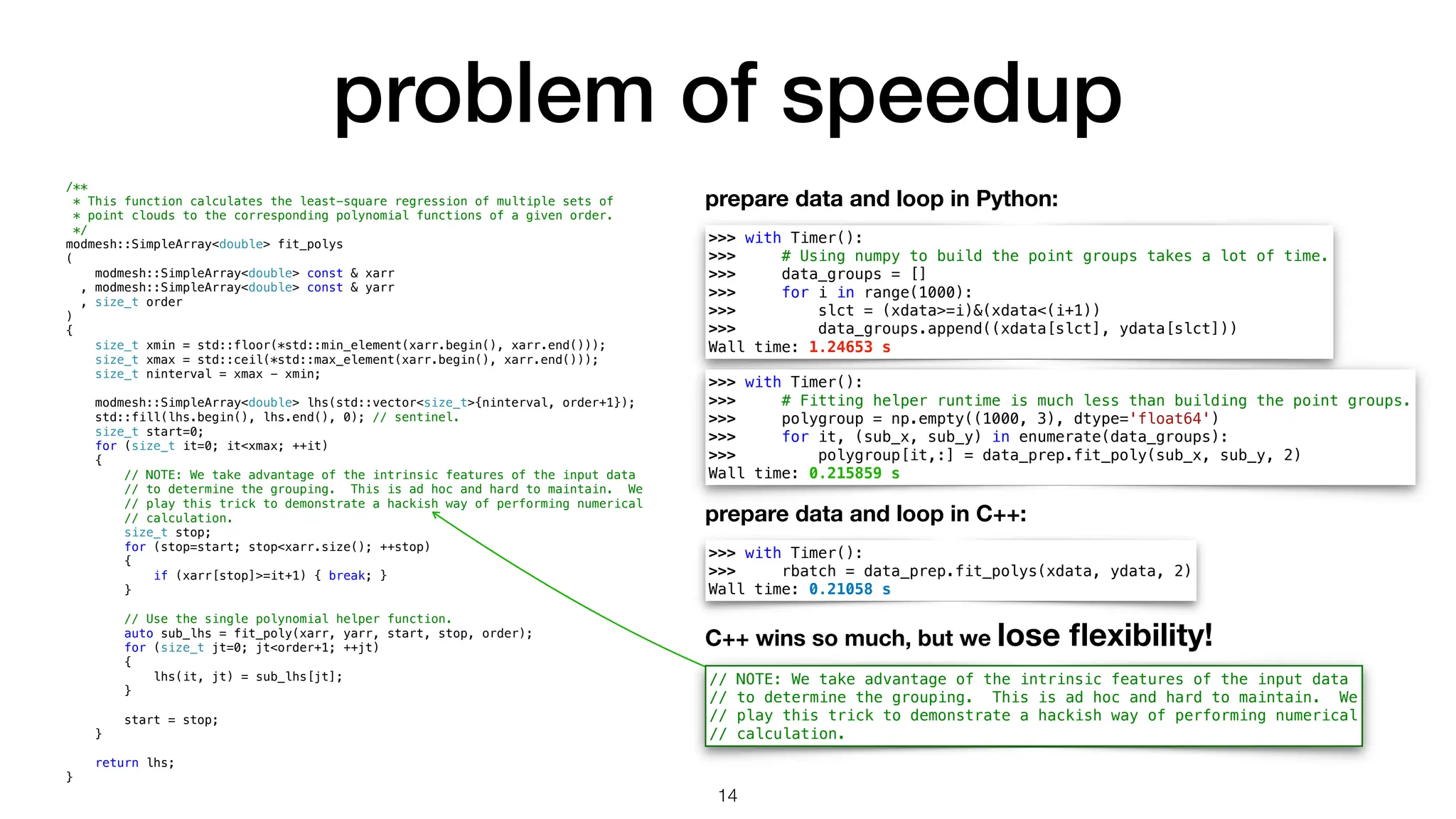 problem of speedup 14 >>> with Timer(): >>> # Using numpy to build the point groups takes a lot of time. >>> data_groups = [] >>> for i in range(1000): >>> slct = (xdata>=i)&(xdata<(i+1)) >>> data_groups.append((xdata[slct], ydata[slct])) Wall time: 1.24653 s >>> with Timer(): >>> # Fitting helper runtime is much less than building the point groups. >>> polygroup = np.empty((1000, 3), dtype='float64') >>> for it, (sub_x, sub_y) in enumerate(data_groups): >>> polygroup[it,:] = data_prep.fit_poly(sub_x, sub_y, 2) Wall time: 0.215859 s >>> with Timer(): >>> rbatch = data_prep.fit_polys(xdata, ydata, 2) Wall time: 0.21058 s /** * This function calculates the least-square regression of multiple sets of * point clouds to the corresponding polynomial functions of a given order. */ modmesh::SimpleArray<double> fit_polys ( modmesh::SimpleArray<double> const & xarr , modmesh::SimpleArray<double> const & yarr , size_t order ) { size_t xmin = std::floor(*std::min_element(xarr.begin(), xarr.end())); size_t xmax = std::ceil(*std::max_element(xarr.begin(), xarr.end())); size_t ninterval = xmax - xmin; modmesh::SimpleArray<double> lhs(std::vector<size_t>{ninterval, order+1}); std::fill(lhs.begin(), lhs.end(), 0); // sentinel. size_t start=0; for (size_t it=0; it<xmax; ++it) { // NOTE: We take advantage of the intrinsic features of the input data // to determine the grouping. This is ad hoc and hard to maintain. We // play this trick to demonstrate a hackish way of performing numerical // calculation. size_t stop; for (stop=start; stop<xarr.size(); ++stop) { if (xarr[stop]>=it+1) { break; } } // Use the single polynomial helper function. auto sub_lhs = fit_poly(xarr, yarr, start, stop, order); for (size_t jt=0; jt<order+1; ++jt) { lhs(it, jt) = sub_lhs[jt]; } start = stop; } return lhs; } prepare data and loop in Python: prepare data and loop in C++: C++ wins so much, but we lose fl exibility! // NOTE: We take advantage of the intrinsic features of the input data // to determine the grouping. This is ad hoc and hard to maintain. We // play this trick to demonstrate a hackish way of performing numerical // calculation. 
