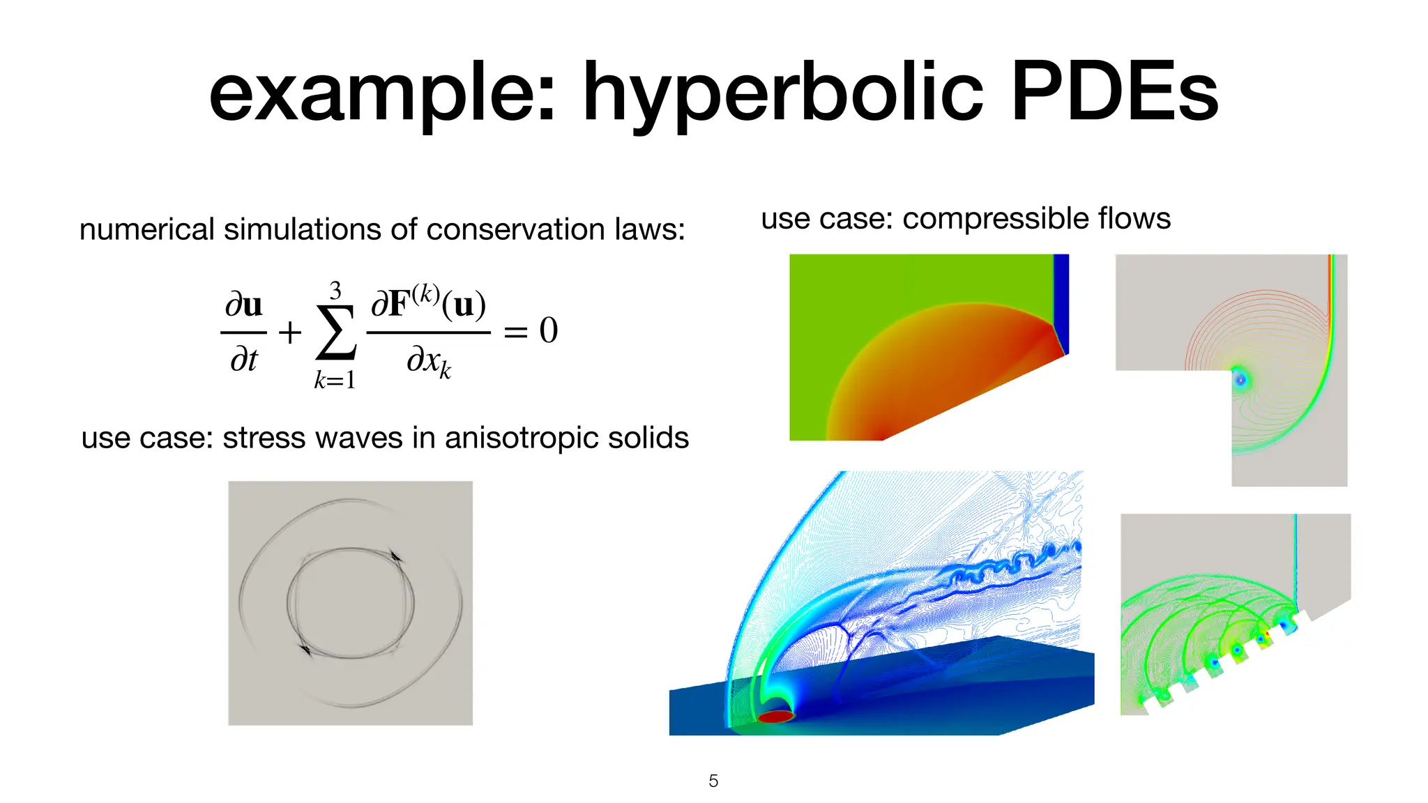 example: hyperbolic PDEs 5 numerical simulations of conservation laws: ∂u ∂t + 3 ∑ k=1 ∂F(k) (u) ∂xk = 0 use case: stress waves in anisotropic solids use case: compressible fl ows 