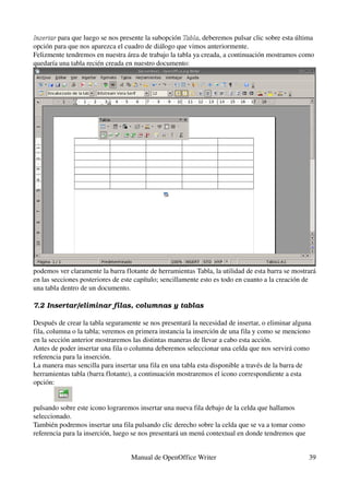 Insertar para que luego se nos presente la subopción Tabla, deberemos pulsar clic sobre esta última 
Insertar                                             Tabla
opción para que nos aparezca el cuadro de diálogo que vimos anteriormente.
Felizmente tendremos en nuestra área de trabajo la tabla ya creada, a continuación mostramos como 
quedaría una tabla recién creada en nuestro documento:




podemos ver claramente la barra flotante de herramientas Tabla, la utilidad de esta barra se mostrará 
en las secciones posteriores de este capítulo; sencillamente esto es todo en cuanto a la creación de 
una tabla dentro de un documento.

7.2 Insertar/eliminar filas, columnas y tablas

Después de crear la tabla seguramente se nos presentará la necesidad de insertar, o eliminar alguna 
fila, columna o la tabla; veremos en primera instancia la inserción de una fila y como se menciono 
en la sección anterior mostraremos las distintas maneras de llevar a cabo esta acción.
Antes de poder insertar una fila o columna deberemos seleccionar una celda que nos servirá como 
referencia para la inserción.
La manera mas sencilla para insertar una fila en una tabla esta disponible a través de la barra de 
herramientas tabla (barra flotante), a continuación mostraremos el icono correspondiente a esta 
opción:


pulsando sobre este icono lograremos insertar una nueva fila debajo de la celda que hallamos 
seleccionado.
También podremos insertar una fila pulsando clic derecho sobre la celda que se va a tomar como 
referencia para la inserción, luego se nos presentará un menú contextual en donde tendremos que 


                                   Manual de OpenOffice Writer                                     39
 
