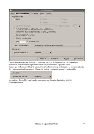 En esta solapa vemos dos divisiones claramente una es la de flujo de texto y la otra es la de 
alineación, comenzaremos explicando alineación primero en las siguientes líneas.
Vemos que podemos modificar la alineación vertical únicamente desde aquí, y lo hacemos a través 
del cuadro combinado de nombre Alineación vertical y que mostraremos a continuación:




las opciones disponibles en el cuadro combinado son Superior, Centrado e Inferior.
Pestaña Columnas




                                  Manual de OpenOffice Writer                                 44
 