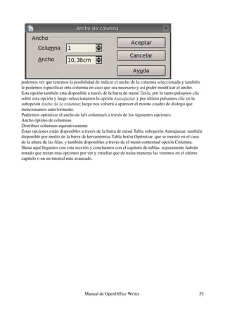 podemos ver que tenemos la posibilidad de indicar el ancho de la columna seleccionada y también 
le podemos especificar otra columna en caso que sea necesario y así poder modificar el ancho.
Esta opción también esta disponible a través de la barra de menú Tabla, por lo tanto pulsamos clic 
                                                                    Tabla
sobre esta opción y luego seleccionamos la opción Autoajustar y por ultimo pulsamos clic en la 
                                                      Autoajustar
subopción Ancho de la columna; luego nos volverá a aparecer el mismo cuadro de dialogo que 
            Ancho de la columna
mencionamos anteriormente.
Podremos optimizar el ancho de la/s columna/s a través de los siguientes opciones:
Ancho óptimo de columnas
Distribuir columnas equitativamente
Estas opciones están disponibles a través de la barra de menú Tabla subopción Autoajustar, también 
disponible por medio de la barra de herramientas Tabla botón Optimizar, que se mostró en el caso 
de la altura de las filas; y también disponibles a través de el menú contextual opción Columna.
Hasta aquí llegamos con esta sección y concluimos con el capitulo de tablas, seguramente habrán 
notado que restan mas opciones por ver y estudiar que de todas maneras las veremos en el ultimo 
capitulo o en un tutorial más avanzado.




                                  Manual de OpenOffice Writer                                   53
 