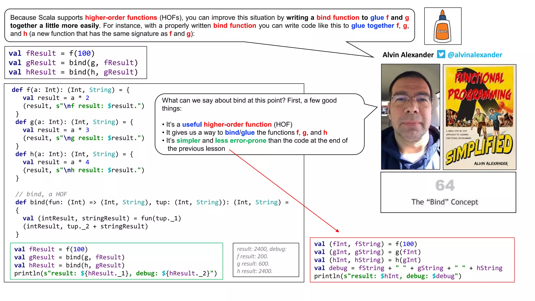 val fResult = f(100)
val gResult = bind(g, fResult)
val hResult = bind(h, gResult)
def f(a: Int): (Int, String) = {
val result = a * 2
(result, s"nf result: $result.")
}
def g(a: Int): (Int, String) = {
val result = a * 3
(result, s"ng result: $result.")
}
def h(a: Int): (Int, String) = {
val result = a * 4
(result, s"nh result: $result.")
}
// bind, a HOF
def bind(fun: (Int) => (Int, String), tup: (Int, String)): (Int, String) =
{
val (intResult, stringResult) = fun(tup._1)
(intResult, tup._2 + stringResult)
}
val fResult = f(100)
val gResult = bind(g, fResult)
val hResult = bind(h, gResult)
println(s"result: ${hResult._1}, debug: ${hResult._2}")
result: 2400, debug:
f result: 200.
g result: 600.
h result: 2400.
val (fInt, fString) = f(100)
val (gInt, gString) = g(fInt)
val (hInt, hString) = h(gInt)
val debug = fString + " " + gString + " " + hString
println(s"result: $hInt, debug: $debug")
val fResult = f(100)
val gResult = bind(g, fResult)
val hResult = bind(h, gResult)
println(s"result: ${hResult._1}, debug: ${hResult._2}")
Alvin Alexander @alvinalexander
Because Scala supports higher-order functions (HOFs), you can improve this situation by writing a bind function to glue f and g
together a little more easily. For instance, with a properly written bind function you can write code like this to glue together f, g,
and h (a new function that has the same signature as f and g):
What can we say about bind at this point? First, a few good
things:
• It’s a useful higher-order function (HOF)
• It gives us a way to bind/glue the functions f, g, and h
• It’s simpler and less error-prone than the code at the end of
the previous lesson
 
