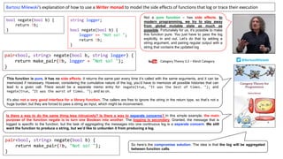 string logger;
bool negate(bool b) {
logger += "Not so! ";
return !b;
}
pair<bool, string> negate(bool b, string logger) {
return make_pair(!b, logger + "Not so! ");
}
pair<bool, string> negate(bool b) {
return make_pair(!b, "Not so! ");
}
bool negate(bool b) {
return !b;
}
Category Theory 3.2 – Kleisli Category @BartoszMilewski
Not a pure function – has side effects. In
modern programming, we try to stay away
from global mutable state as much as
possible. Fortunately for us, it’s possible to make
this function pure. You just have to pass the log
explicitly, in and out. Let’s do that by adding a
string argument, and pairing regular output with a
string that contains the updated log
Bartosz Milewski’s explanation of how to use a Writer monad to model the side effects of functions that log or trace their execution
This function is pure, it has no side effects, it returns the same pair every time it’s called with the same arguments, and it can be
memoized if necessary. However, considering the cumulative nature of the log, you’d have to memoize all possible histories that can
lead to a given call. There would be a separate memo entry for: negate(true, "It was the best of times. "); and
negate(true, "It was the worst of times. "); and so on.
It’s also not a very good interface for a library function. The callers are free to ignore the string in the return type, so that’s not a
huge burden; but they are forced to pass a string as input, which might be inconvenient.
Is there a way to do the same thing less intrusively? Is there a way to separate concerns? In this simple example, the main
purpose of the function negate is to turn one Boolean into another. The logging is secondary. Granted, the message that is
logged is specific to the function, but the task of aggregating the messages into one continuous log is a separate concern. We still
want the function to produce a string, but we’d like to unburden it from producing a log.
So here’s the compromise solution: The idea is that the log will be aggregated
between function calls.
 