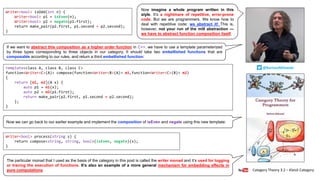 Category Theory 3.2 – Kleisli Category
@BartoszMilewski
Now imagine a whole program written in this
style. It’s a nightmare of repetitive, error-prone
code. But we are programmers. We know how to
deal with repetitive code: we abstract it! This is,
however, not your run of the mill abstraction —
we have to abstract function composition itself.
Writer<bool> isOdd(int n) {
Writer<bool> p1 = isEven(n);
Writer<bool> p2 = negate(p1.first);
return make_pair(p2.first, p1.second + p2.second);
}
If we want to abstract this composition as a higher order function in C++, we have to use a template parameterized
by three types corresponding to three objects in our category. It should take two embellished functions that are
composable according to our rules, and return a third embellished function:
template<class A, class B, class C>
function<Writer<C>(A)> compose(function<Writer<B>(A)> m1,function<Writer<C>(B)> m2)
{
return [m1, m2](A x) {
auto p1 = m1(x);
auto p2 = m2(p1.first);
return make_pair(p2.first, p1.second + p2.second);
};
}
Writer<bool> process(string s) {
return compose<string, string, bool>(isEven, negate)(s);
}
Now we can go back to our earlier example and implement the composition of isEven and negate using this new template:
The particular monad that I used as the basis of the category in this post is called the writer monad and it’s used for logging
or tracing the execution of functions. It’s also an example of a more general mechanism for embedding effects in
pure computations
 