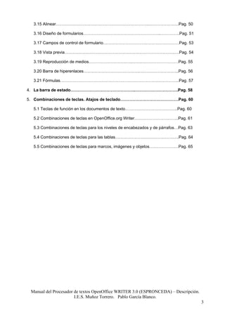 3.15 Alinear………………………………………………………….………………….Pag. 50

  3.16 Diseño de formularios………………………………………………..…………..Pag. 51

  3.17 Campos de control de formulario………………………….……………………Pag. 53

  3.18 Vista previa…………………………………………………………………….….Pag. 54

  3.19 Reproducción de medios…………………………..……………………………Pag. 55

  3.20 Barra de hiperenlaces………………………………….………………………..Pag. 56

  3.21 Fórmulas…………………………………………………………………………..Pag. 57

4. La barra de estado………………………………………..………………………….Pag. 58

5. Combinaciones de teclas. Atajos de teclado……………………………………Pag. 60

  5.1 Teclas de función en los documentos de texto………………………………..Pag. 60

  5.2 Combinaciones de teclas en OpenOffice.org Writer…………………………..Pag. 61

  5.3 Combinaciones de teclas para los niveles de encabezados y de párrafos…Pag. 63

  5.4 Combinaciones de teclas para las tablas……………………………………….Pag. 64

  5.5 Combinaciones de teclas para marcos, imágenes y objetos…………………Pag. 65




 Manual del Procesador de textos OpenOffice WRITER 3.0 (ESPRONCEDA) – Descripción.
                       I.E.S. Muñoz Torrero. Pablo García Blanco.
                                                                                      3
 