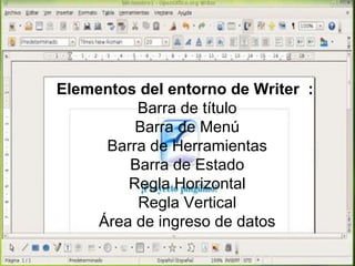 Elementos del entorno de Writer :
          Barra de título
          Barra de Menú
      Barra de Herramientas
         Barra de Estado
         Regla Horizontal
          Regla Vertical
     Área de ingreso de datos
 