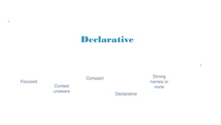 Declarative
Strong
names or
none
Declarative
Focused
Compact
Context
unaware
 