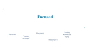Focused
Strong
names or
none
Declarative
Focused
Compact
Context
unaware
 