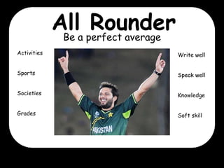Alla perfect average
Rounder
Be
Activities

Write well

Sports

Speak well

Societies

Knowledge

Grades

Soft skill

 